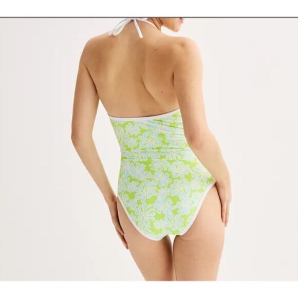 Ninety-Nine Floral One-Piece Swimsuit Halter Neck Green & White Juniors Small - Picture 3 of 10